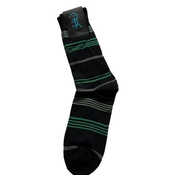 Yves Franc Claire Mens Black Green Striped Crew Socks Size 10-13 Cotton Blend u - Picture 2 of 4